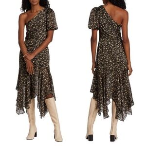 NWT ASTR The Label Santorini Floral Asymmetric One Shoulder Midi Dress Black